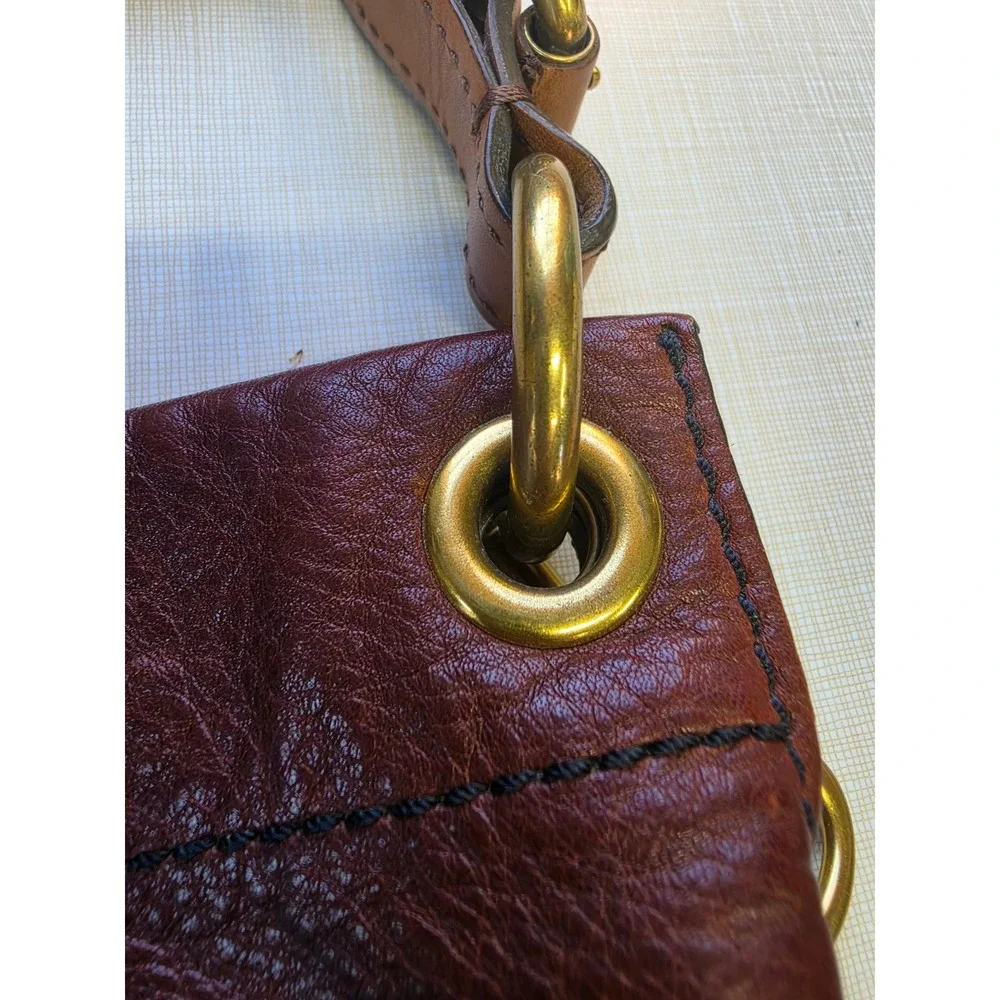 Fossil Hobo Bag Brown Pebbled Leather Shoulder Bag Brass Hardware Key Charm